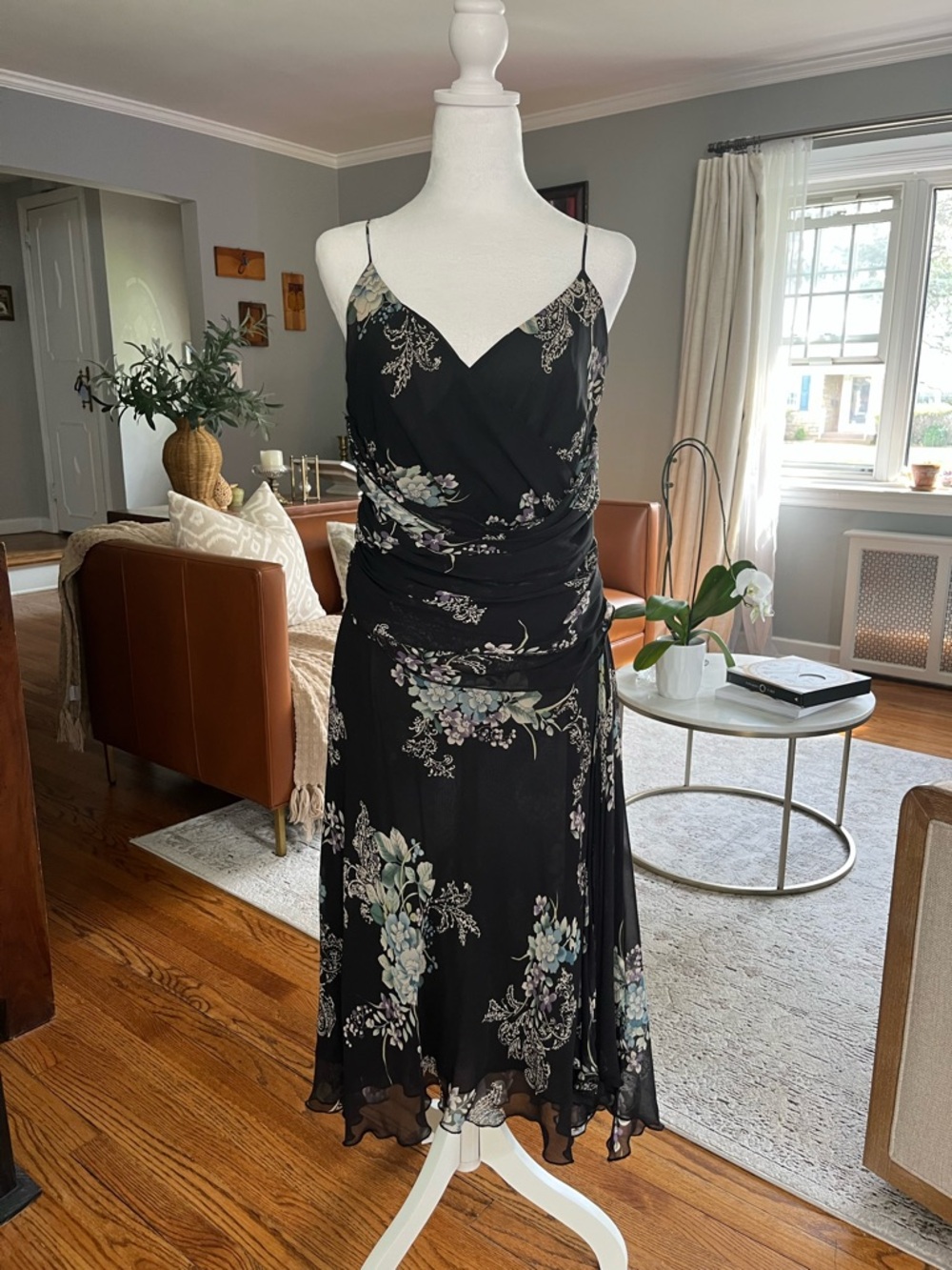 Silk Dress Women’s Sz. M Black Floral Midi Length Lined Whimsy Goth Grunge